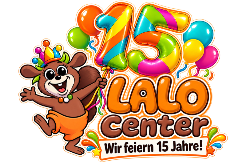 LALO Center – Wir feiern 15 Jahre! Mit LALO und bunten Jubiläumsballons.